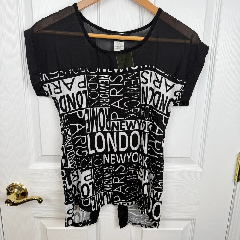 Annabelle Black White Cityscape Print Mesh Top Womens S Y2K Artsy Edgy City Chic